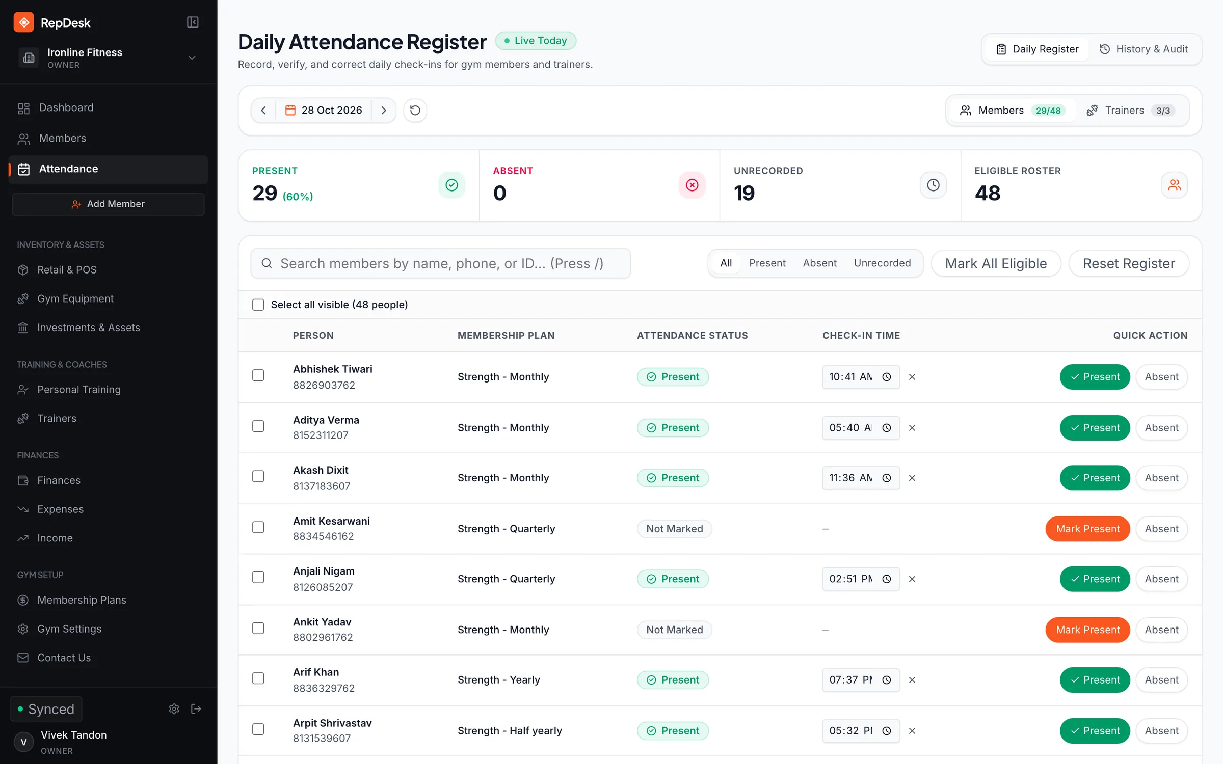 The daily attendance register in RepDesk: present and unrecorded counts for today, and each member’s check-in time.