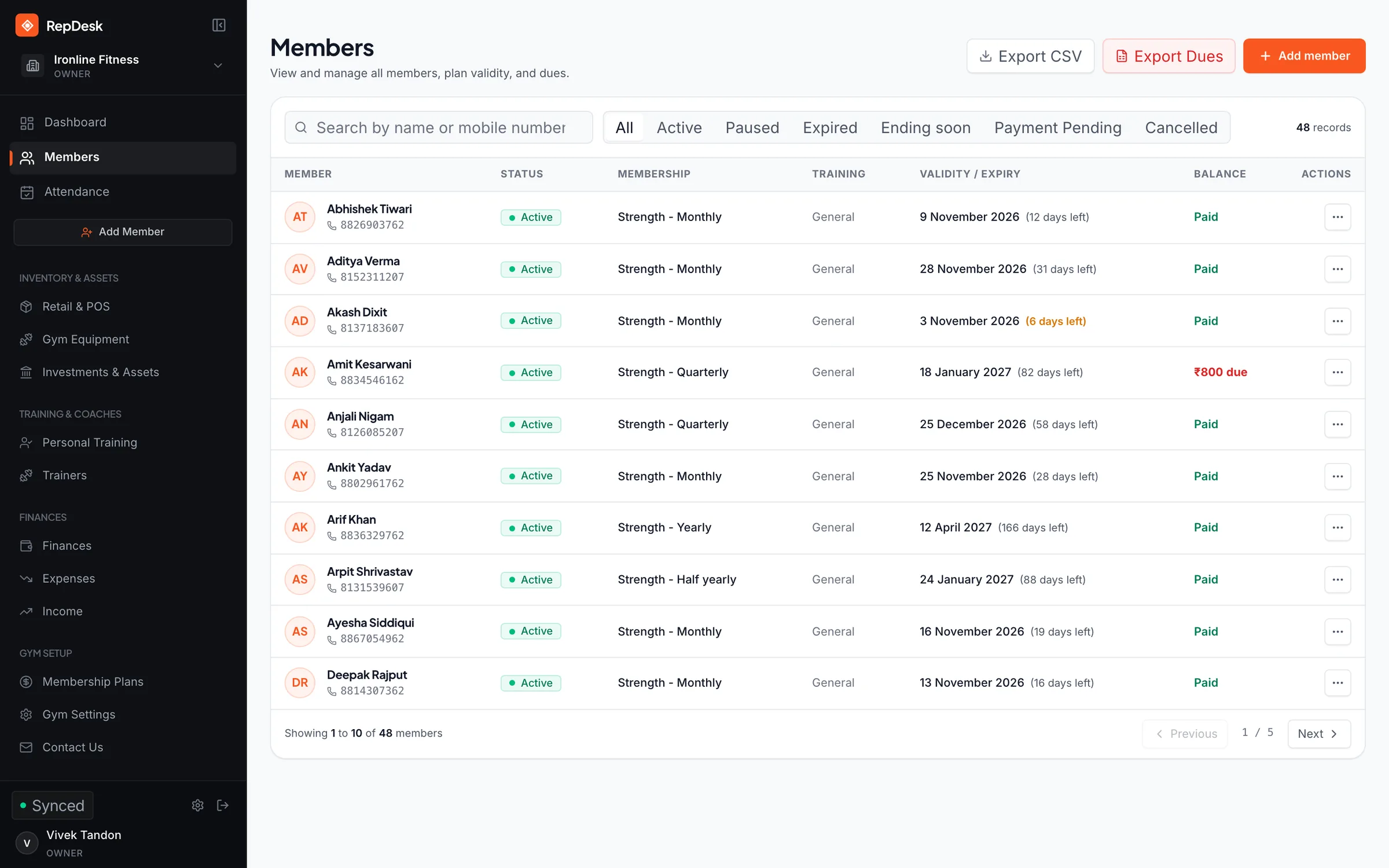 The member list in RepDesk, with each member’s status, plan, expiry date with days left, and balance paid or due.