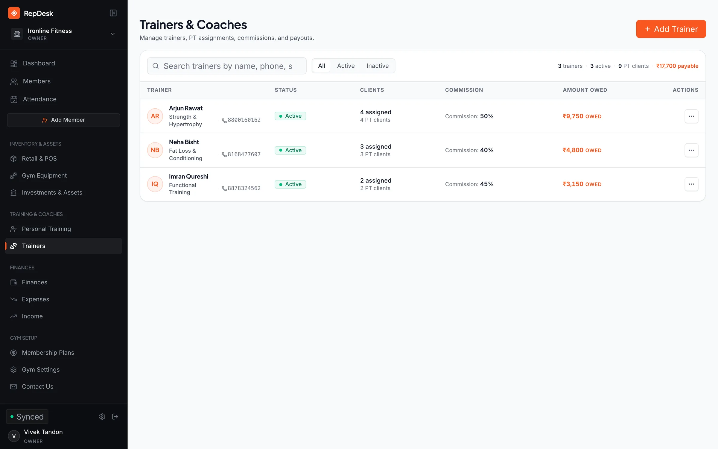 Trainers in RepDesk: each trainer’s PT clients, commission rate and the amount owed to them.